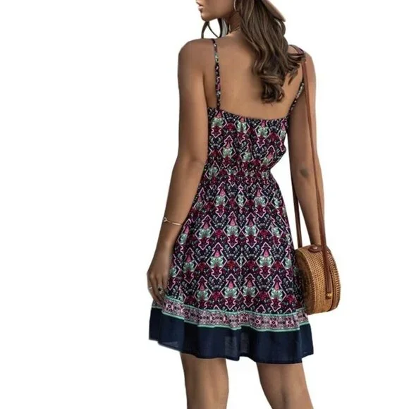 Summer Flower Printed V-Neck Sleeveless Ruffled Dress Buttons Size S - Picture 3 of 5